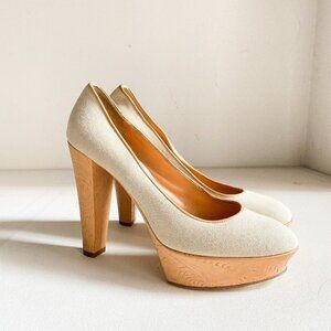 COPY - Donna Karan Collection Hand Tooled Detail Canvas Upper Beige Summer Heel…